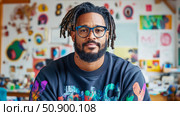 Portrait of African American man with dreadlocks, artistic environment, creative workspace, art studio concept, art for sale, exhibition announcement. Стоковое AI-изображение, AI-художник Данила Большаков / Фотобанк Лори