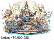 An elegant illustration in the style of decorative watercolor, depicting magical birds among lush flowers, foliage and architectural elements in the spirit of ancient fountains or palace pavilions. The composition is filled with an atmosphere of a fairy tale, grace and nature, echoes the motifs of Russian folklore and fantasy ornaments. Suitable for the design of books, postcards, packaging, interiors and any projects with the aesthetics of Art Nouveau, botany or a fairy-tale world. Стоковое AI-изображение, AI-художник Анна Кривицкая / Фотобанк Лори