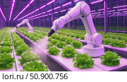 Robotic arm tending hydroponic lettuce in futuristic indoor farm with purple led lighting. Стоковое AI-видео, аниматор Владимир Федоров / Фотобанк Лори