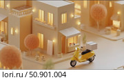Colorful miniature city featuring a yellow scooter parked outside a charming shop during a warm evening. Стоковое AI-видео, аниматор Сергей Толмачёв / Фотобанк Лори