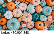 Fall harvest: A vibrant assortment of pumpkins, squash, and gourds on a turquoise surface, perfect for autumn celebration and seasonal decoration. Стоковое AI-изображение, AI-художник Данила Большаков / Фотобанк Лори