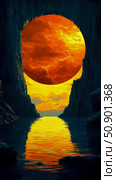Apocalyptic Vista: Fiery Planetscape over Calm Waters Between Imposing Cliffs, a Surreal Journey Through a New World. Стоковое AI-изображение, AI-художник Данила Большаков / Фотобанк Лори