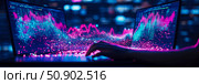 Data Science Concept: Neon graph analysis on dual screen for financial modelling, software interface with hand using keyboard. Стоковое AI-изображение, AI-художник Данила Большаков / Фотобанк Лори
