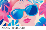 Summer holiday fashion concept: Portrait of a woman with sunglass between tropical foliage for print, card, poster. Стоковое AI-изображение, AI-художник Данила Большаков / Фотобанк Лори