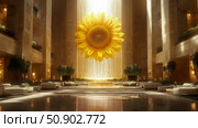 Elegant Lobby Interior with Sunflower and Waterfall Feature. Стоковое AI-изображение, AI-художник Данила Большаков / Фотобанк Лори