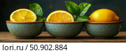 Still Life of Fresh Lemon Halves and a Whole Lemon in Three Rustic Blue Bowls with Green Leaves on a Wooden Table. Стоковое AI-изображение, AI-художник Данила Большаков / Фотобанк Лори