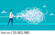 Untangling complexity; Illustrative flat of a man pulling tangled white lines, representing problem solving and solution finding. Стоковое AI-изображение, AI-художник Данила Большаков / Фотобанк Лори