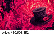 Theatrical concept with ornamented top hat and rococo chandelier against a backdrop of ornate floral scrollwork. Стоковое AI-изображение, AI-художник Данила Большаков / Фотобанк Лори