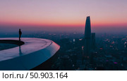 Contemplative dusk: silhouette of a person on a rooftop overlooking a sprawling cityscape shrouded in twilight atmosphere. Стоковое AI-изображение, AI-художник Данила Большаков / Фотобанк Лори