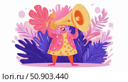 Inspirational empowerment: Illustration of a woman with a megaphone amidst floral elements, a symbol of voicing opinions and spreading messages. Стоковое AI-изображение, AI-художник Данила Большаков / Фотобанк Лори