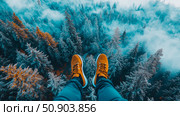 Enchanting Mountain Scape: First-person perspective looking down at a misty forest of teal evergreens and fiery autumn trees, inviting exploration and thrilling outdoor adventure. Стоковое AI-изображение, AI-художник Данила Большаков / Фотобанк Лори