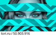 Mesmerizing human gaze peeking through vibrant chevron fabric, a captivating close-up portrait with striking color contrast, abstract beauty concept. Стоковое AI-изображение, AI-художник Данила Большаков / Фотобанк Лори