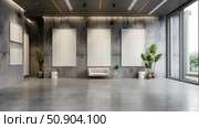 A sleek gallery space featuring empty canvases ready for artwork, complemented by a simple bench and green plants. Стоковое AI-изображение, AI-художник Данила Большаков / Фотобанк Лори