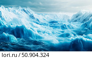 Frozen Wilderness: A glacial landscape with ice mountain peaks and frozen sea waves, conveying a sense of frozen power, coldness and pristine Arctic environment. Стоковое AI-изображение, AI-художник Данила Большаков / Фотобанк Лори