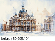 Watercolor illustration of an Orthodox church in a winter city. Baroque architecture with domes decorated with crosses is shrouded in a soft snowy haze. Fluffy snow lies around, emphasizing the solemnity and grandeur of the building. The work is done in gentle cold shades, conveying an atmosphere of silence, holiness and winter tranquility. Suitable for themes of religion, architecture, winter tourism and cultural heritage. Стоковое AI-изображение, AI-художник Анна Кривицкая / Фотобанк Лори
