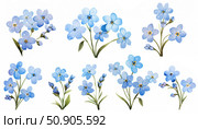 Set of forget-me-not flowers on white background, watercolor illustration. Стоковое AI-изображение, AI-художник Екатерина Красникова / Фотобанк Лори