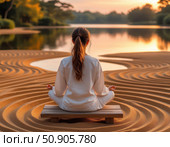 A woman is sitting on a wooden bench in the sand, looking out at the water. Стоковое AI-изображение, AI-художник Ярославский Максим / Фотобанк Лори