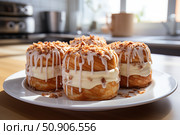 A White Plate Topped With Iced Donuts. Стоковое AI-изображение, AI-художник Екатерина Красникова / Фотобанк Лори
