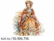 An exquisite watercolor illustration of an 18th century lady in a lush orange and gold ball gown with rich decorative elements. The woman is depicted in a ceremonial pose, her dress is decorated with lace, embroidery and flowers, and her hair is complemented by an intricate composition of feathers and ribbons. The painting is executed in a delicate watercolor manner, emphasizing the sophistication and atmosphere of the Baroque era. Suitable for book design, postcards, historical or theatrical projects, as well as clothing and fabric design. Стоковое AI-изображение, AI-художник Анна Кривицкая / Фотобанк Лори