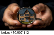 Concept: Home Ownership - A house held within a ring in human hands, representing the dream and security of owning a home. Стоковое AI-изображение, AI-художник Данила Большаков / Фотобанк Лори