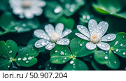 Spring floral beauty: Close-up of delicate white flower and lush shamrock covered in rain droplets, capturing a refreshing natural spring concept. Стоковое AI-изображение, AI-художник Данила Большаков / Фотобанк Лори