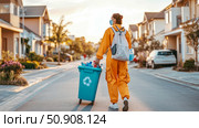 Concept: Environmental responsibility, volunteer work, person pulls bin with recyclables on residential street, back view. Стоковое AI-изображение, AI-художник Данила Большаков / Фотобанк Лори