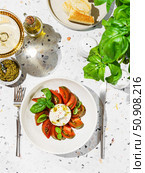 burrata with tomatoes, basil and pesto. Стоковое фото, фотограф Julia Lavleis / Фотобанк Лори