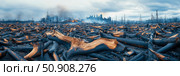 Ecological Disaster: Scorched earth, burned trees, and smoke in the aftermath of a devastating forest fire. Стоковое AI-изображение, AI-художник Данила Большаков / Фотобанк Лори