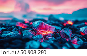 Burning Ember: A Glowing Coal Amidst Cooling Embers at Twilight. Стоковое AI-изображение, AI-художник Данила Большаков / Фотобанк Лори