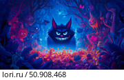 Whimsical Forest: A dark blue cat with other strange creature inhabiting a vividly colorful and mysterious forest floor, digital artwork. Стоковое AI-изображение, AI-художник Данила Большаков / Фотобанк Лори
