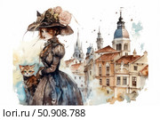 An elegant woman in a vintage dress and a hat with flowers, accompanied by a ginger and white cat, strolls through an old European city. In the background is picturesque architecture with domes and towers, made in soft watercolor tones. The illustration combines the charm of the past, romance and sophistication. Suitable for themes of history, fashion, travel and retro style. Стоковое AI-изображение, AI-художник Анна Кривицкая / Фотобанк Лори