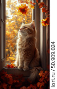 Autumnal Serenity: A ginger cat gazes dreamily out a window framed by autumn leaves and flowers, bathed in the warm glow of the season. Стоковое AI-изображение, AI-художник Данила Большаков / Фотобанк Лори