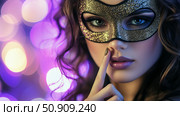 Mysterious Woman in Glittering Mask Posing With a Finger to Her Lips During an Evening Event. Стоковое AI-изображение, AI-художник Юлия Гапеенко / Фотобанк Лори