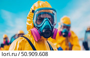Hazmat Team Response: Personnel in Protective Suits Assessing Contamination Risk. Стоковое AI-изображение, AI-художник Данила Большаков / Фотобанк Лори