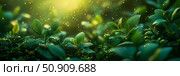 Enchanted foliage garden, sparkling with firefly lights, creating a magical nocturnal setting for a garden print or mystical card. Стоковое AI-изображение, AI-художник Данила Большаков / Фотобанк Лори
