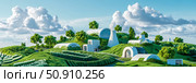 Utopian Eco-Friendly Community with Sustainable Architecture amidst Lush Greenery and Cloudy Sky, Promoting Harmony with Nature. Стоковое AI-изображение, AI-художник Данила Большаков / Фотобанк Лори