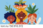 Illustrative portrayal of a unity of diverse women, celebrating community with a symbolic fruit bowl and plant life elements. Стоковое AI-изображение, AI-художник Данила Большаков / Фотобанк Лори