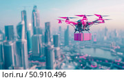 Delivery Concept: Autonomous quadcopter with package in city environment, futuristic urban air shipping service for e-commerce order transport. Стоковое AI-изображение, AI-художник Данила Большаков / Фотобанк Лори