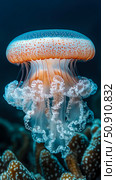 Captivating jellyfish specimen with intricate details, showcasing marine life's beauty underwater. Стоковое AI-изображение, AI-художник Данила Большаков / Фотобанк Лори