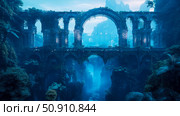 Fantasy landscape art with ancient arch bridge structure, overgrown with vegetation, spanning a misty canyon, for print and wallpaper. Стоковое AI-изображение, AI-художник Данила Большаков / Фотобанк Лори