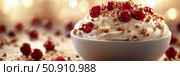 Festive Dessert: Close-up of Creamy Dessert Topped with Cherries and Crumbles for Holiday Season, Ideal for Print, Card, or Festive Poster. Стоковое AI-изображение, AI-художник Данила Большаков / Фотобанк Лори