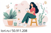 Concept: Reading, Holiday: N/A, Purpose: Illustration for blog, A woman reading a book while sitting on a stool surrounded by plants and a cup of coffee. Стоковое AI-изображение, AI-художник Данила Большаков / Фотобанк Лори