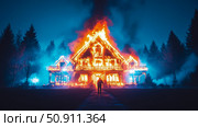 Burning Nightmare: A solitary figure walking away from a house engulfed in flames during a cold dark night. Стоковое AI-изображение, AI-художник Данила Большаков / Фотобанк Лори
