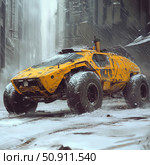 A futuristic yellow SUV against the backdrop of a winter city in a snowstorm. The massive body, huge wheels with mud rubber and technical elements on the roof create the image of a powerful post-apocalyptic vehicle. Snow, dirt and signs of wear emphasize the harsh operating conditions. An ideal visual for the themes of cyberpunk, post-apocalypse, science fiction, car design and survival in extreme environments. Стоковое AI-изображение, AI-художник Анна Кривицкая / Фотобанк Лори