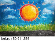 A bright and colorful children's drawing made with wax crayons. The image shows a large shining sun with an orange-red outline against a blue sky with white clouds. At the bottom there is green grass and a dark road surface. The picture conveys the mood of a warm summer day, the naivety and joy of a child's perception of the world. Ideal for themes of education, childhood, creativity, summer and school projects. Стоковое AI-изображение, AI-художник Анна Кривицкая / Фотобанк Лори