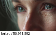 Close-up view of a woman's eye reflecting emotions and thoughts during an introspective moment in nature. Стоковое AI-видео, аниматор Сергей Толмачёв / Фотобанк Лори