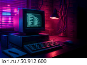 Vintage computer in cyberpunk office with neon lighting, nostalgic 90s style, digital technology, retro workspace, creative night atmosphere, hacker inspiration. Стоковое AI-изображение, AI-художник Павел Муравьев / Фотобанк Лори