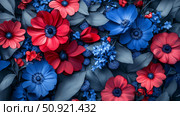 geraniums red and blue flowers ai generated. Стоковое AI-изображение, AI-художник Vectorwin / Фотобанк Лори