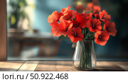 geraniums red flowers in vase ai generated. Стоковое AI-изображение, AI-художник Vectorwin / Фотобанк Лори