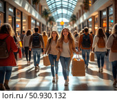 A woman is walking down a mall with a man and other people. Стоковое AI-изображение, AI-художник Ярославский Максим / Фотобанк Лори
